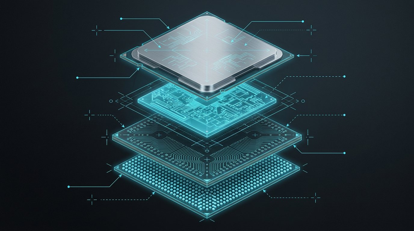 Exploded technical view of a processor: heat spreader, silicon die, substrate, solder-ball array and signal traces separated into labelled layers.